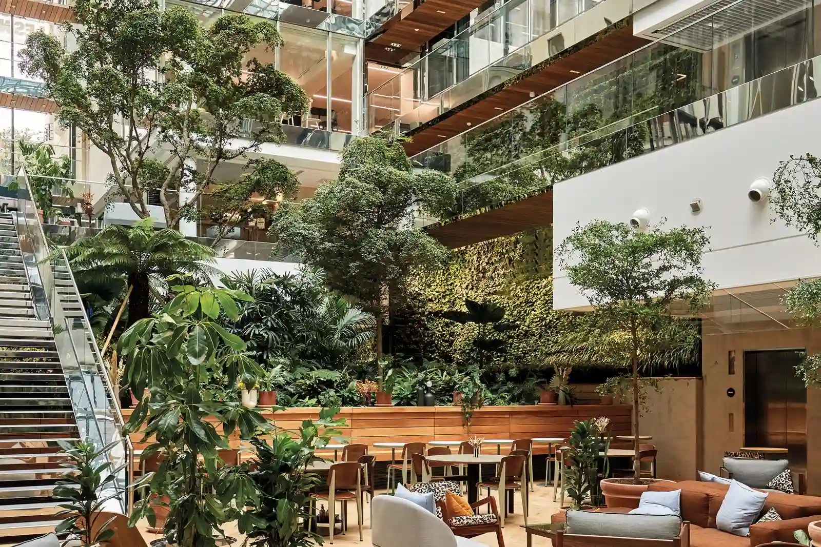 Morning collaborative space with shared tables, plants and a lounge corner